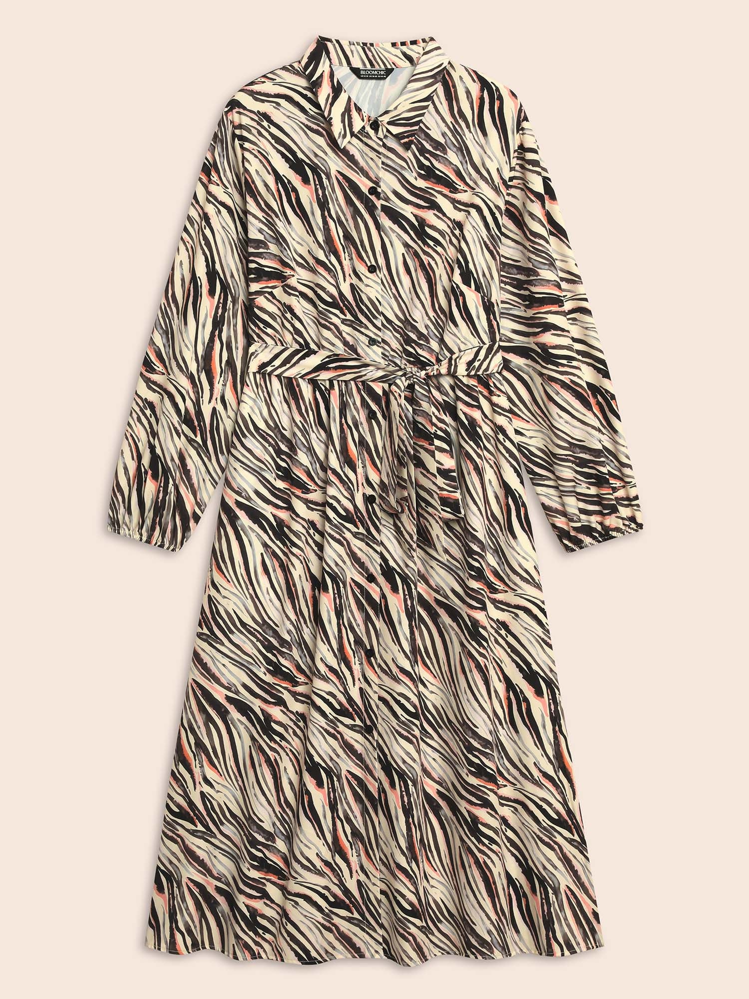 Zebra Print Shirt Collar Belted Dress