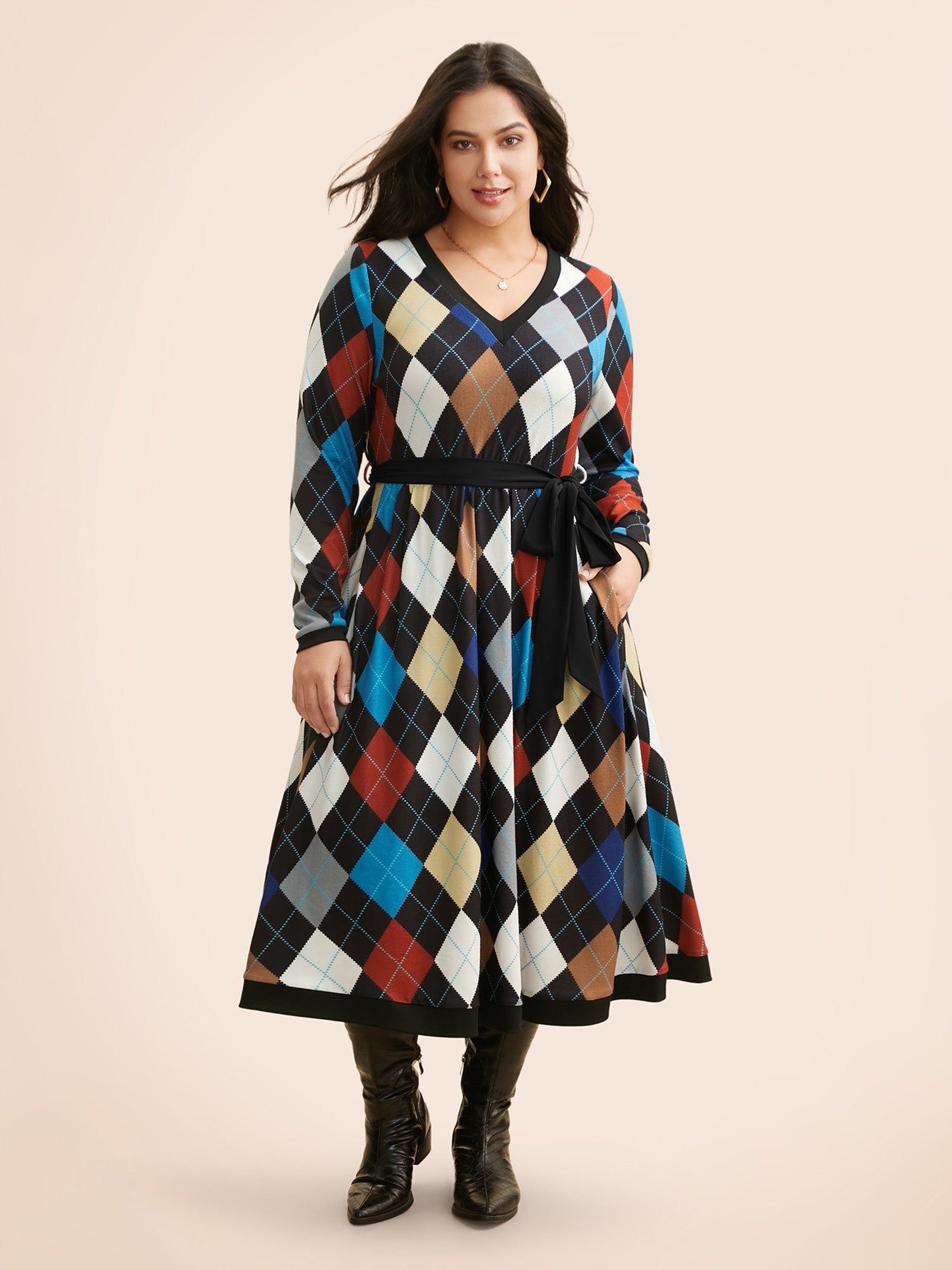 V Neck Colorblock Contrast Belted Dress