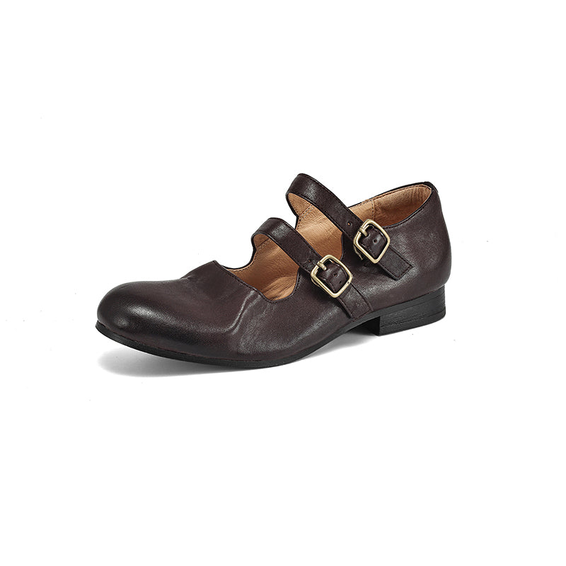 Casual Cow Leather Double Strappy Mary Jane Shoes Dress Shoes in Brown/Black/Khaki