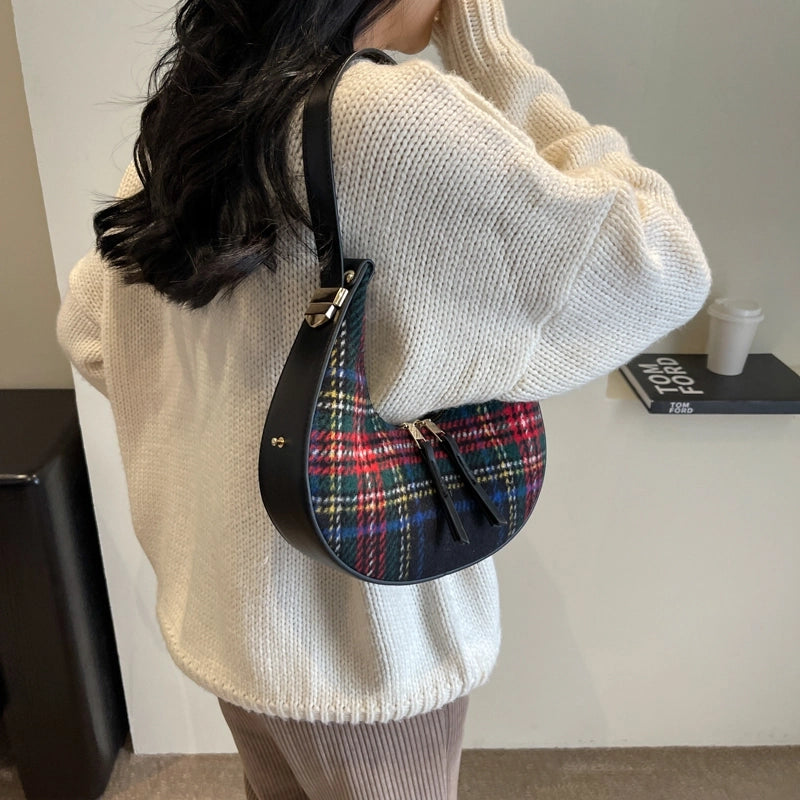 Women's Woolen Lattice Classic Style Sewing Thread Dumpling Shape Zipper Shoulder Bag