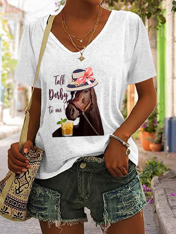 Women's Talk Derby To Me printed V-neck T-shirt