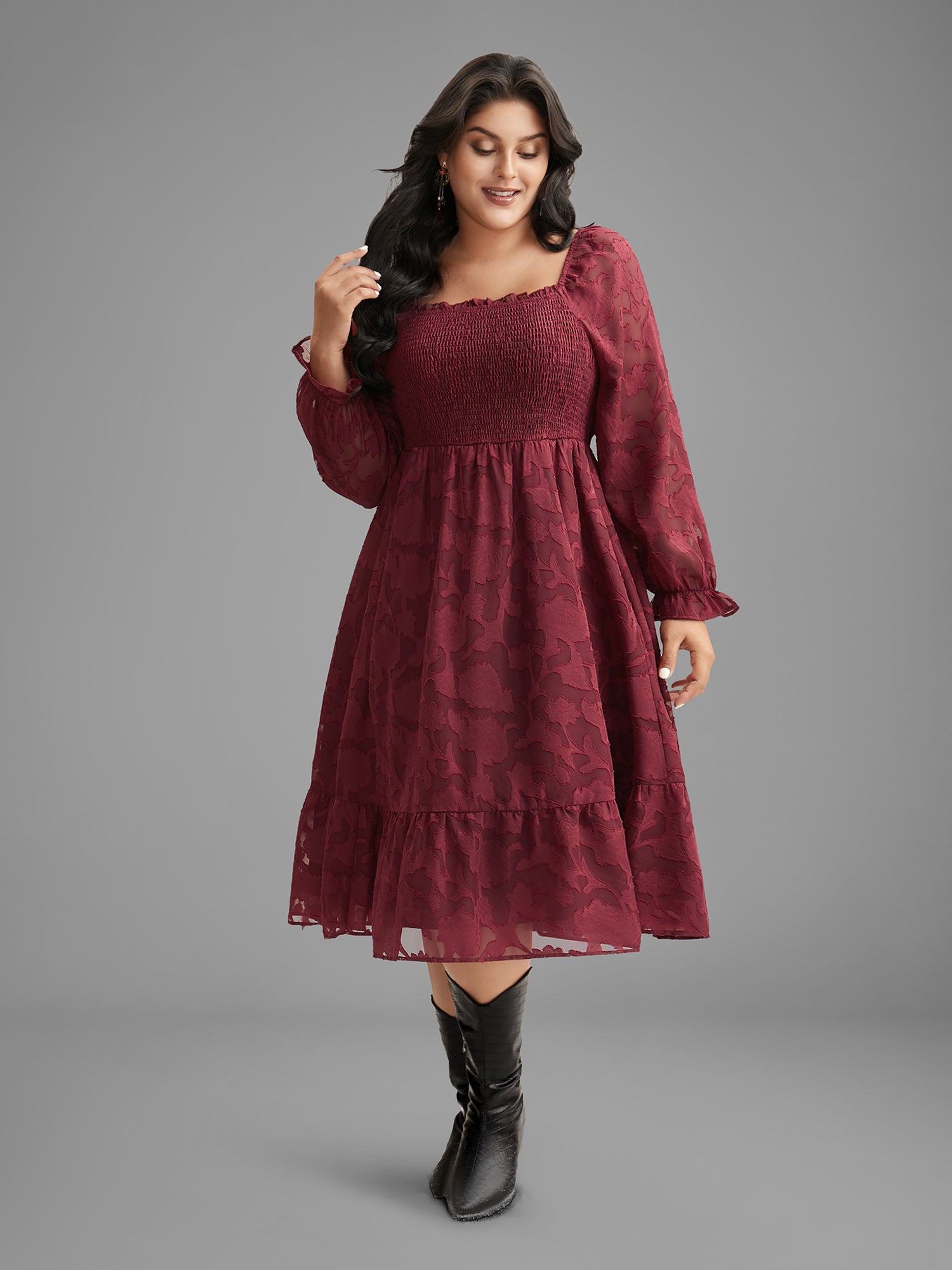 Jacquard Texture Square Neck Midi Dress