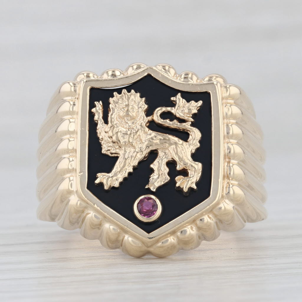Flli Menegatti Lion Signet Coat of Arms Crest Ring Onyx Ruby 10k Gold Size 13.5
