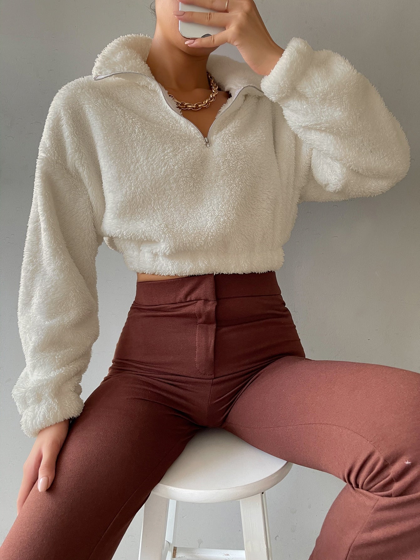 Half Zip Drop Shoulder Teddy Sweatshirt