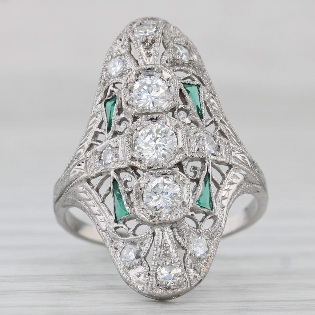 Art Deco 0.40ctw Diamond Lab Created Emerald Ring Platinum Filigree Size 6
