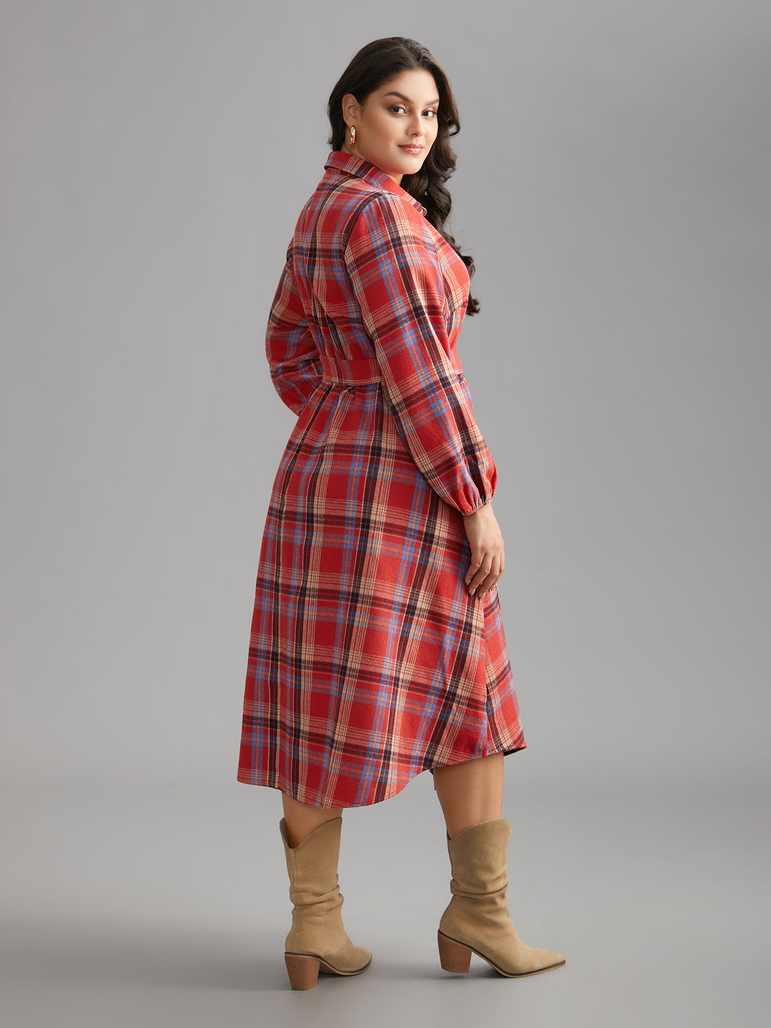 Plaid Button Detail Pocket Belted Arc Hem Dress