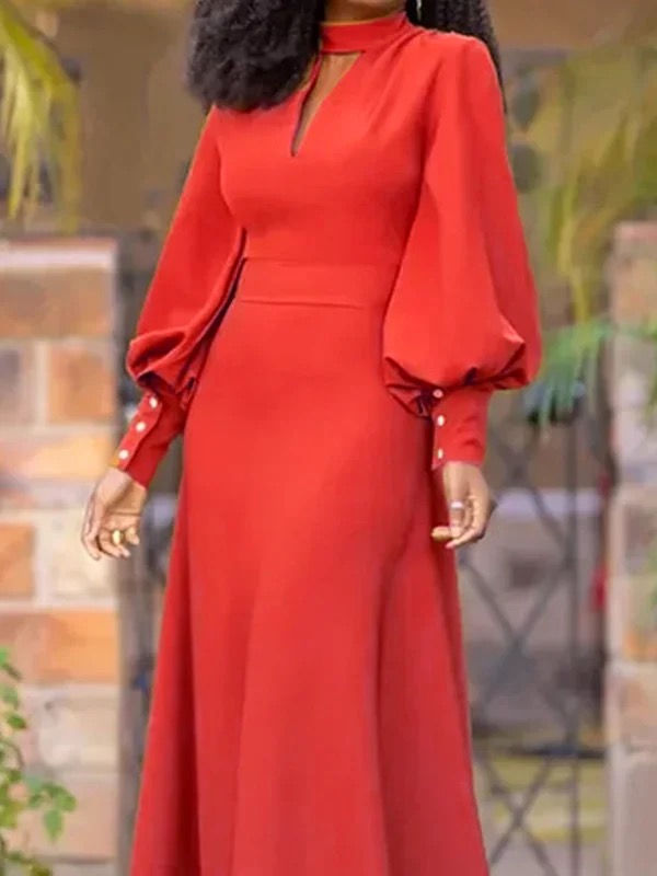 Long Sleeves Loose Buttoned Hollow Solid Color Split-Joint Round-Neck Maxi Dresses