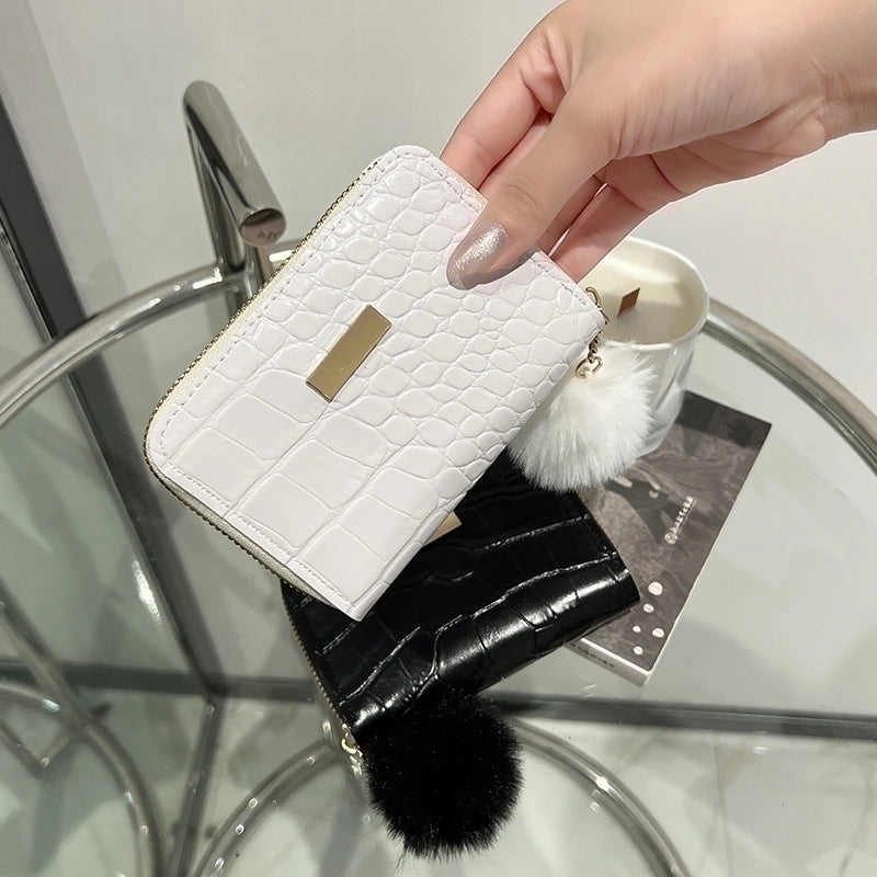 Women's Crocodile Pu Leather Fluff Ball Zipper Wallets