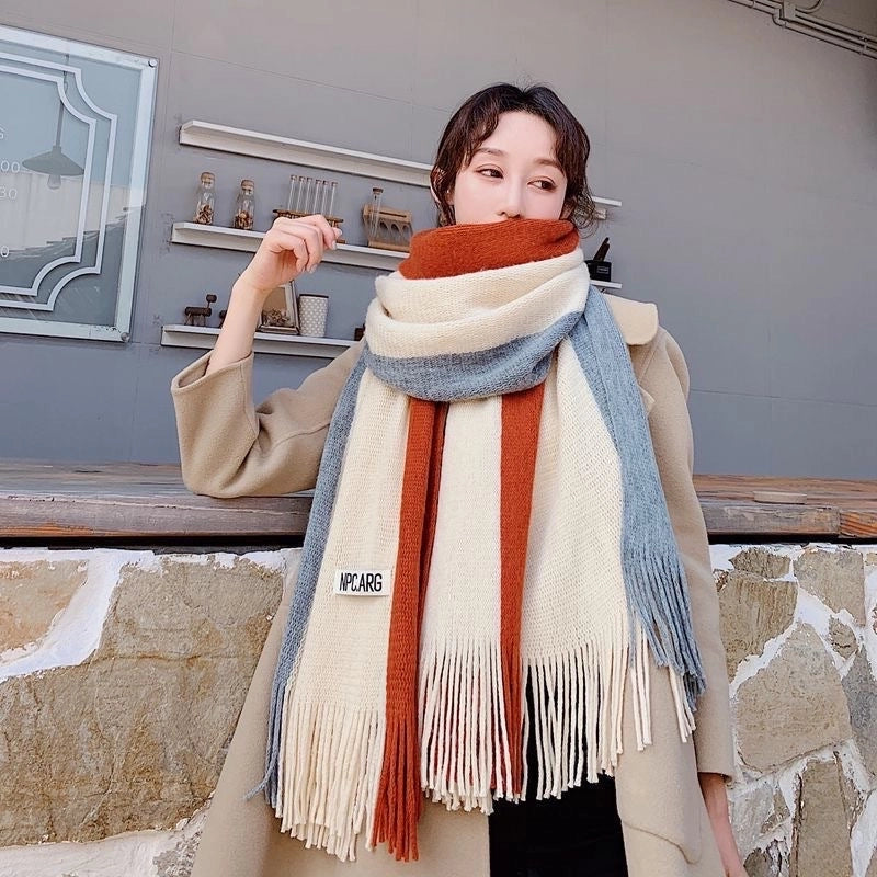 New Contrast Color Fashion Imitation Cashmere Scarf Women's Long Warm Student Scarf Tassel Couple's Shawl