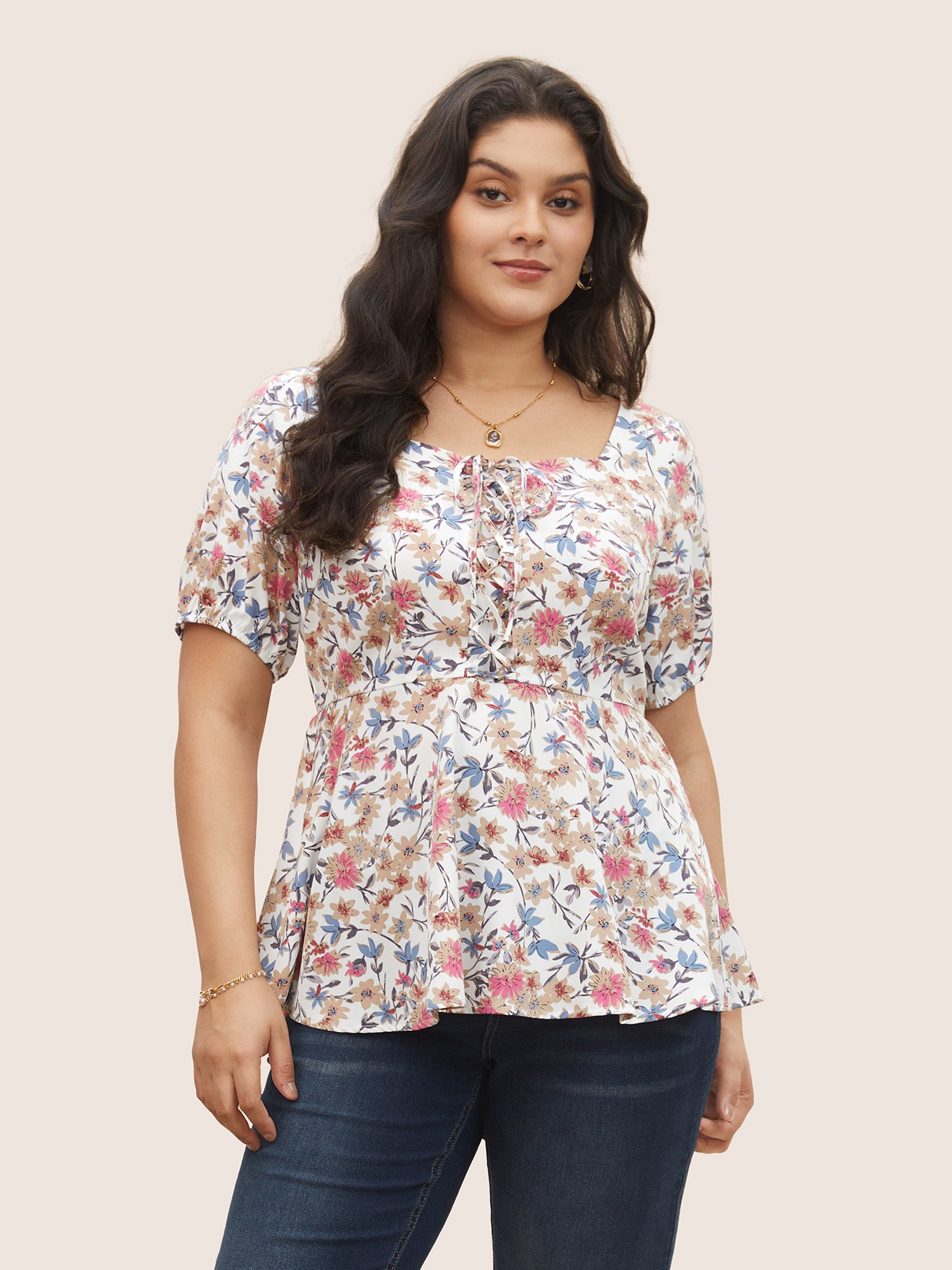 Floral Lace Up Gathered Lantern Sleeve Blouse