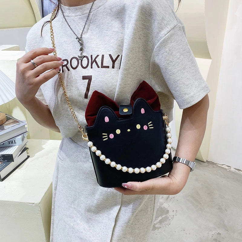 Women's Small Pu Leather Cat Cute Streetwear Pearls Bucket Magnetic Buckle Crossbody Bag