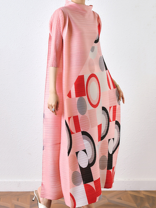 Fashion Loose Geometric Printed Pleated Midi Dress
