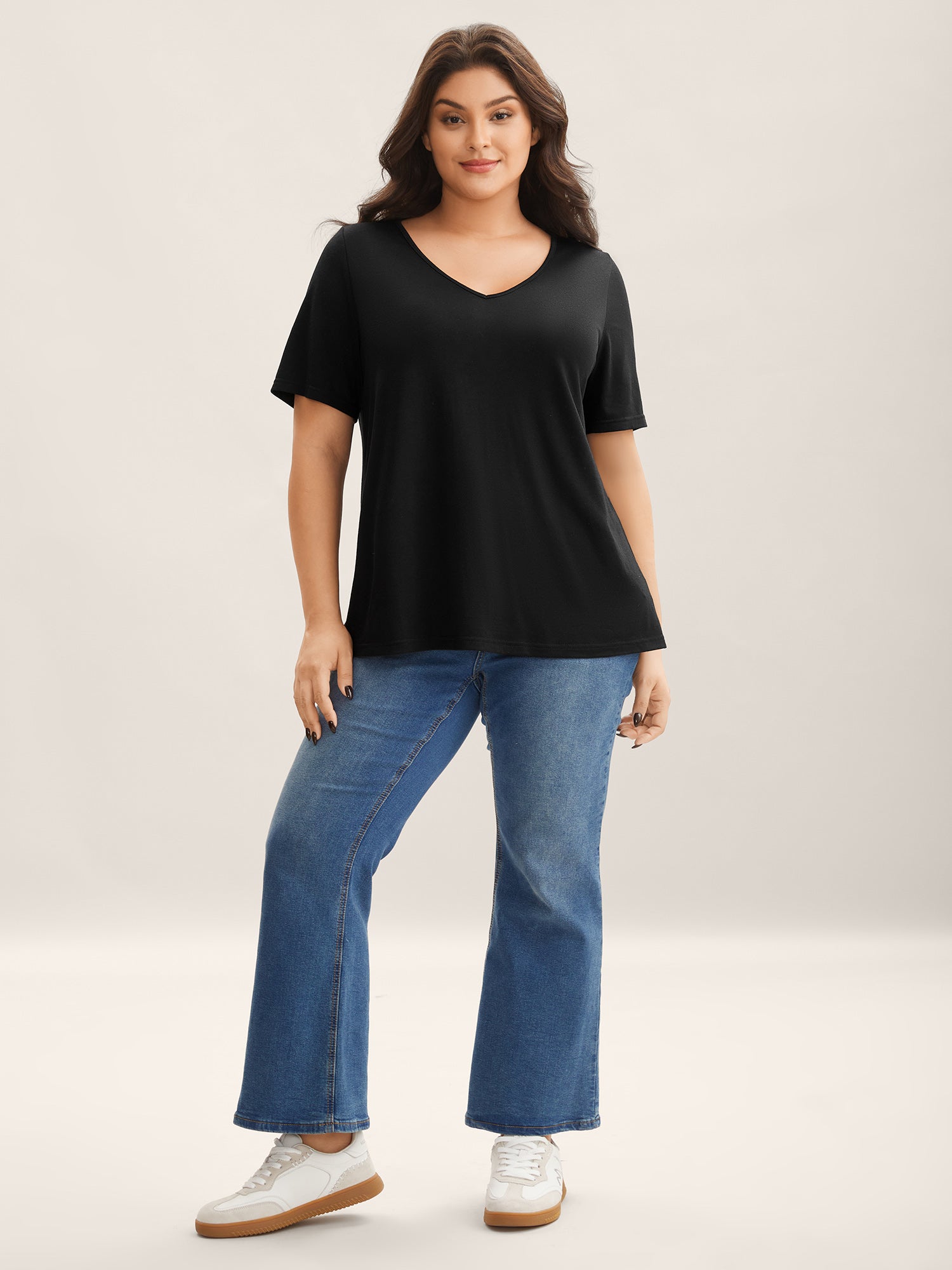 Stretchy Back Cut-Out V-Neck T-Shirt