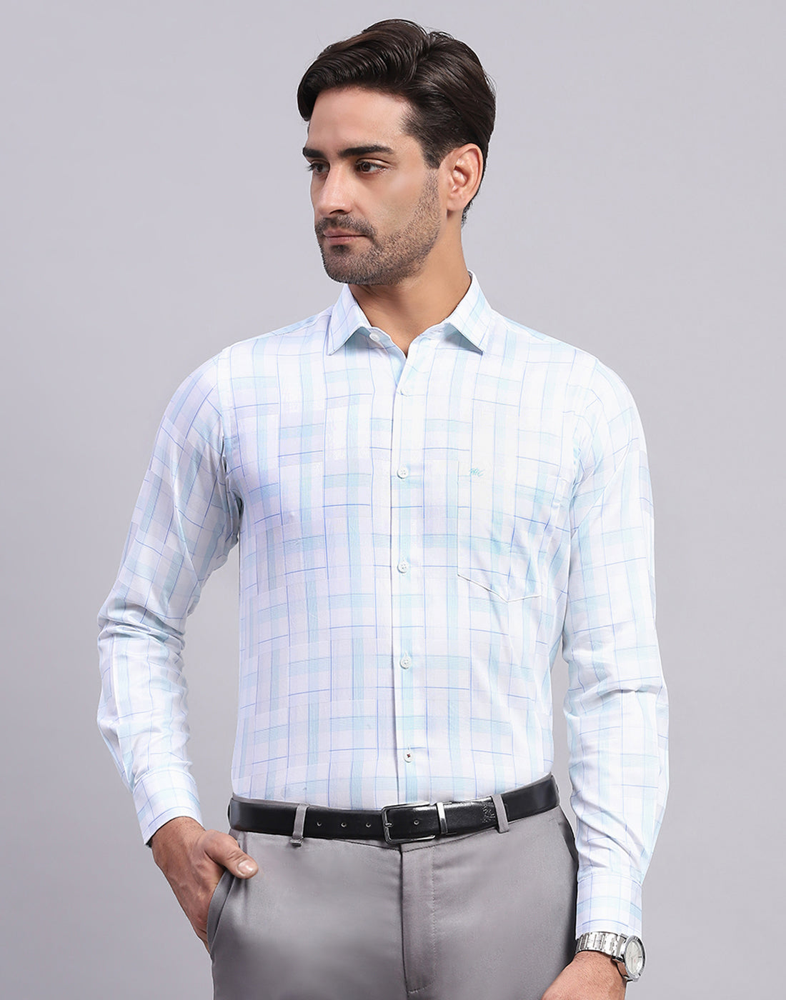 Men Off White Check Collar Full Sleeve Shirt