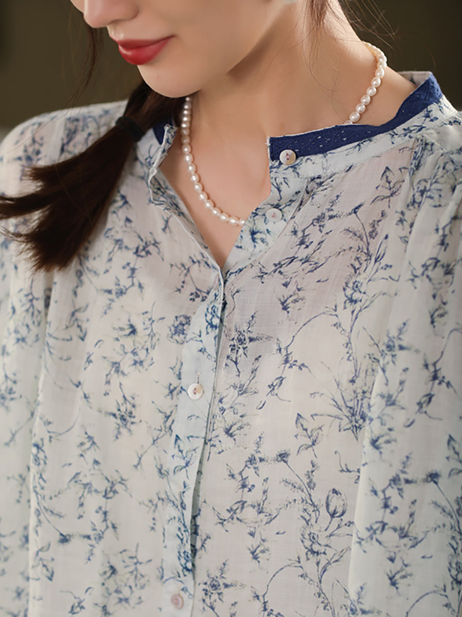 Women Summer Artsy Dot Stand Collar 100%Raime Shirt