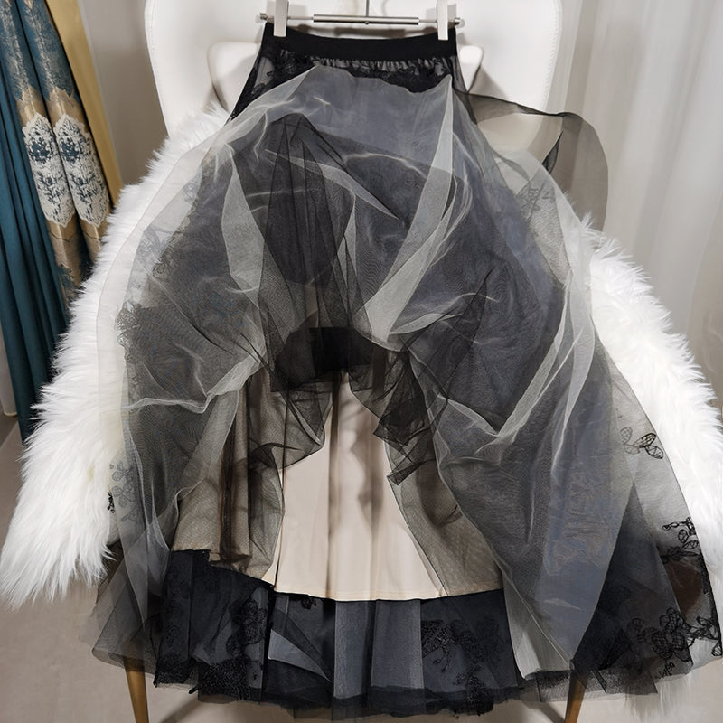 Elegant Black Embroideried Butterfly tulle High Waist Summer Skirts