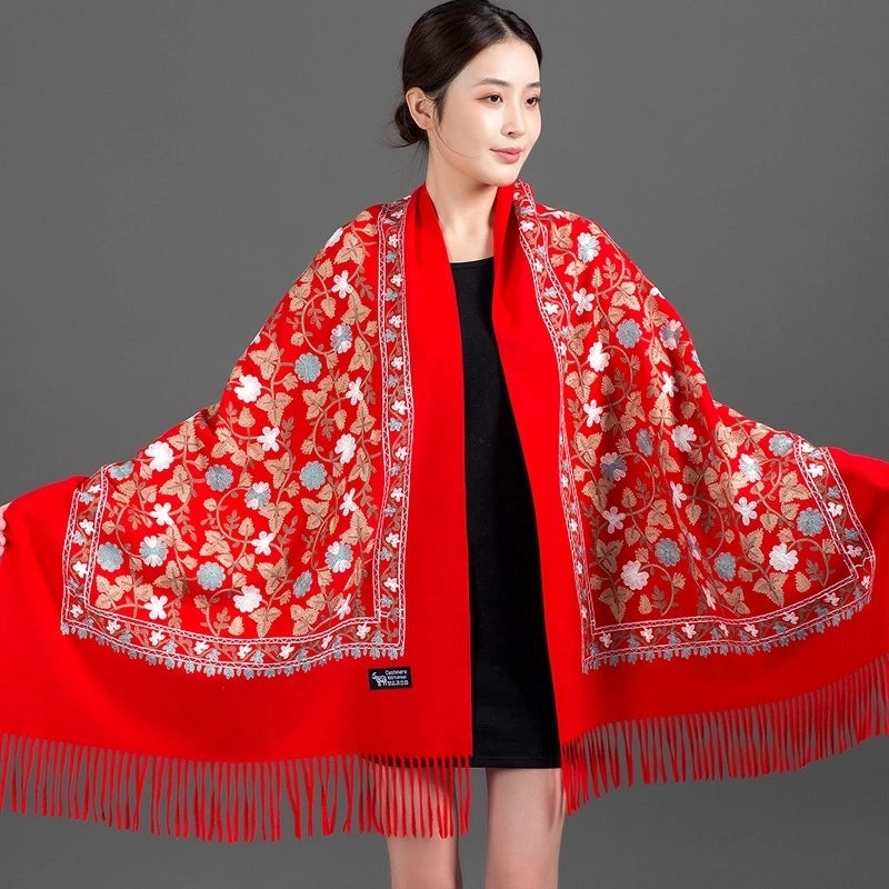 Embroidered Imitation Wool Cashmere Scarf Women's Autumn And Winter Cheongsam Air Conditioning Shawl Summer Outer Wear Multi-purpose Mother Style