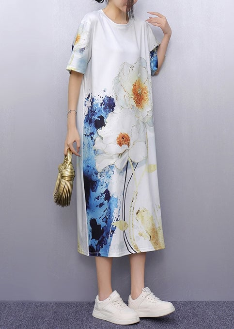 Unique White Print Cotton Straight Dresses Summer