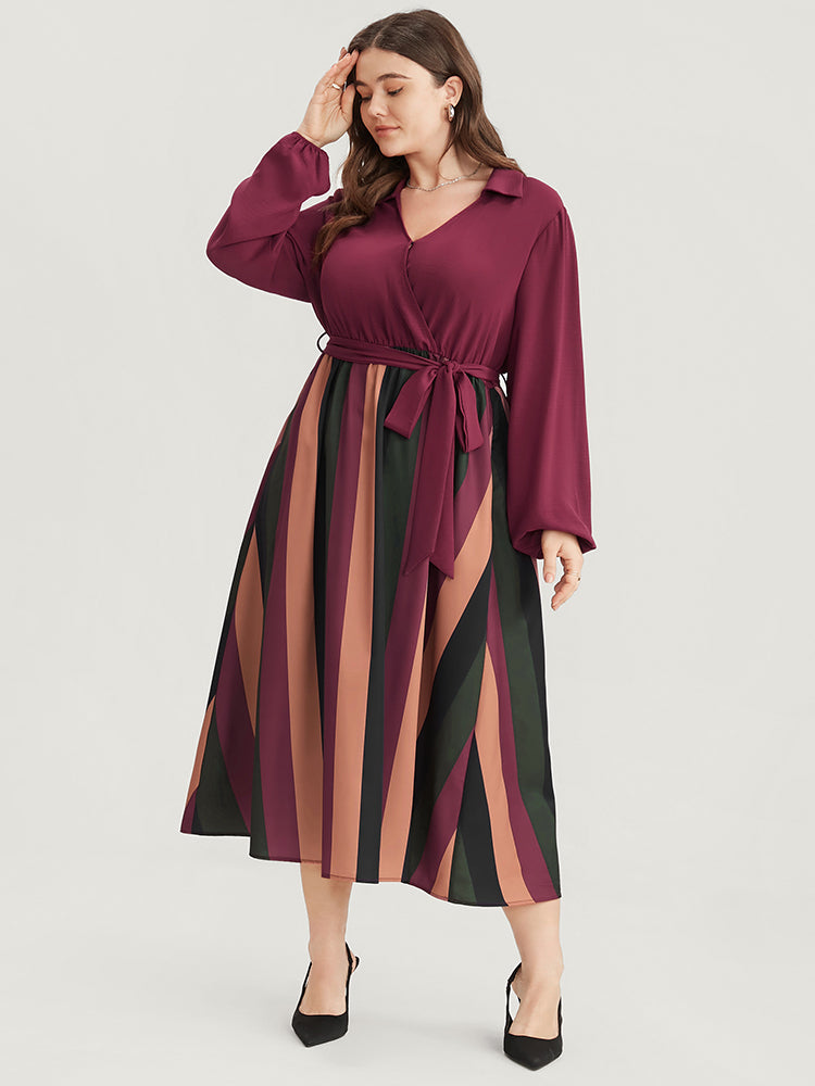 Solid Patchwork Wrap Pocket Lantern Sleeve Belted Striped Dress