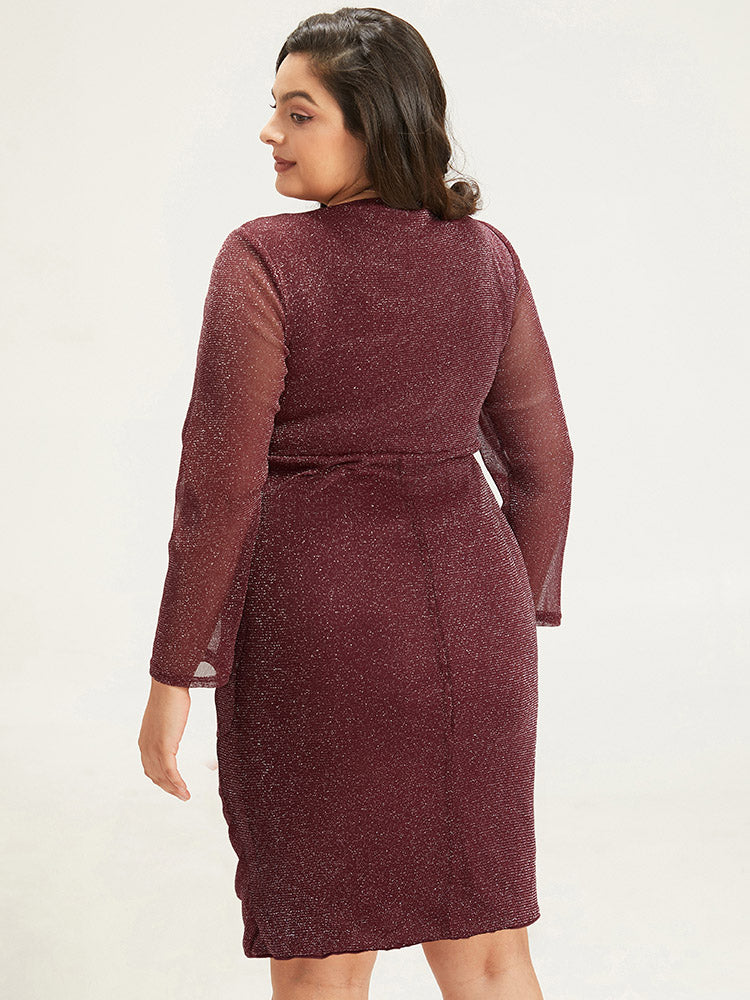 Lurex Glitter Crew Neck Mesh Patchwork Gathered Dress