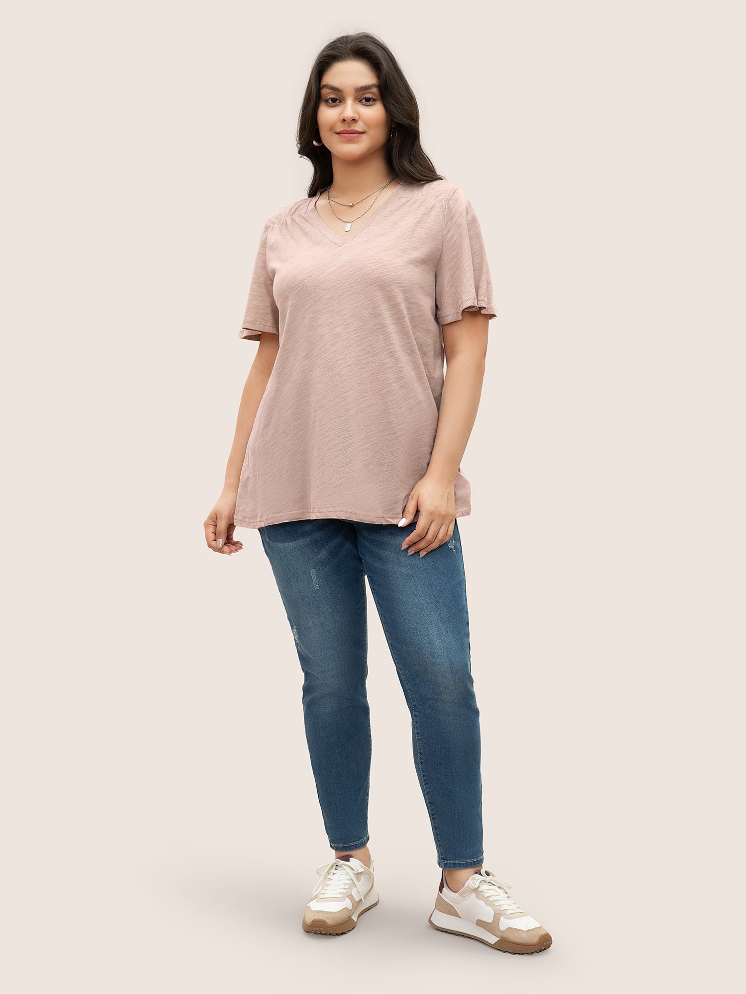 Plain Ruffle Sleeve Heather V Neck T-shirt