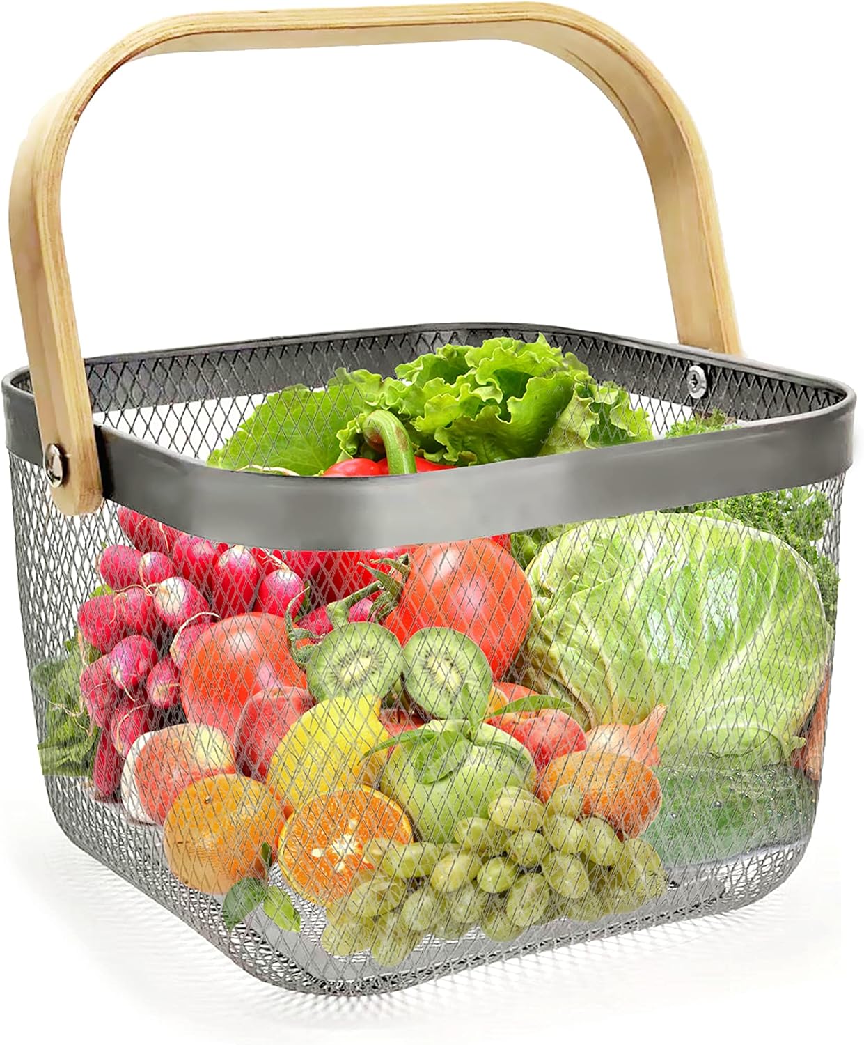 Metal Food Storage Basket With Wood Handle Kitchen Bathroom Draining Fruit Vegetables Sundries Gadget