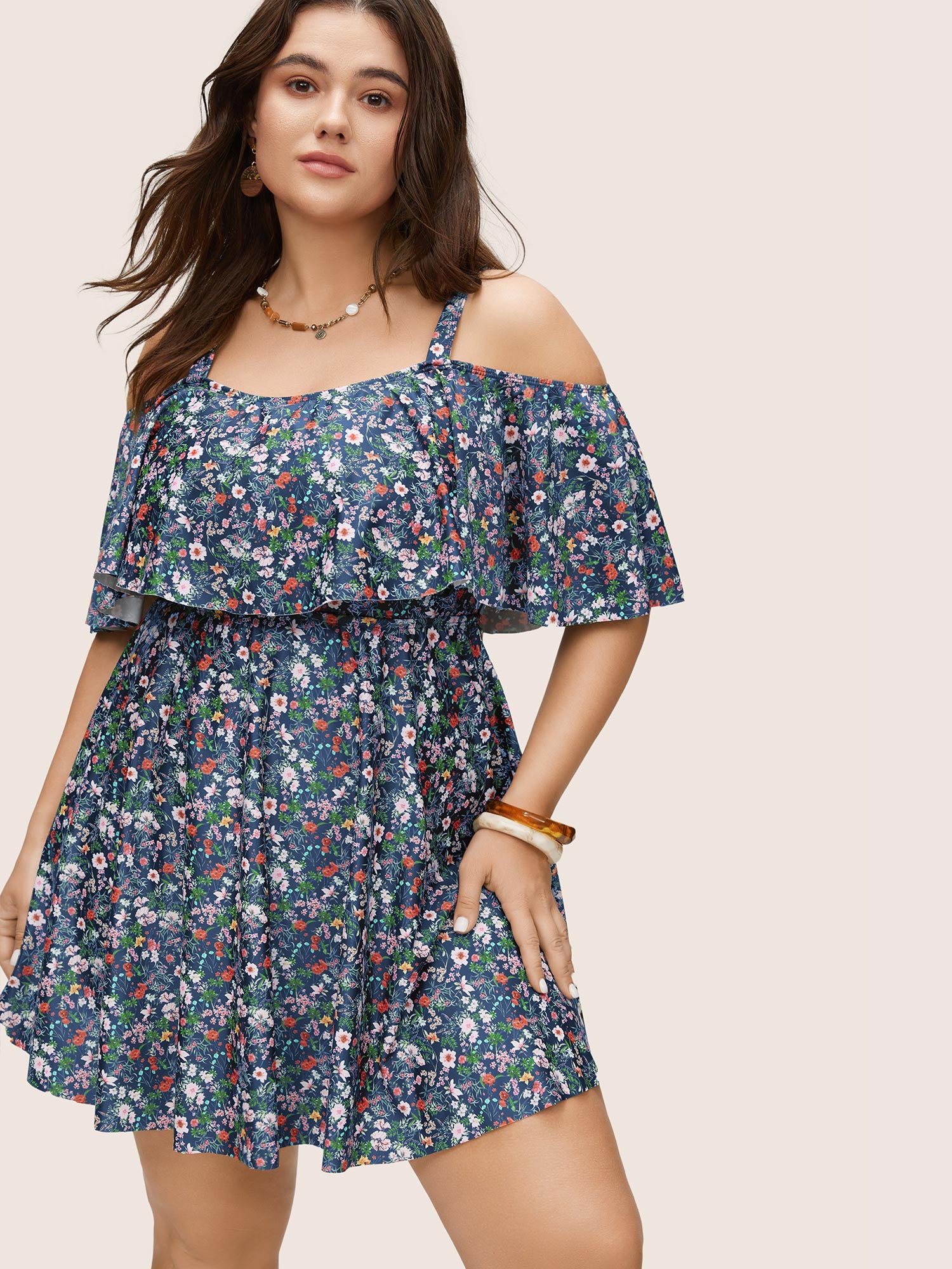 Ditsy Floral Ruffles Cold Shoulder Swim Dress