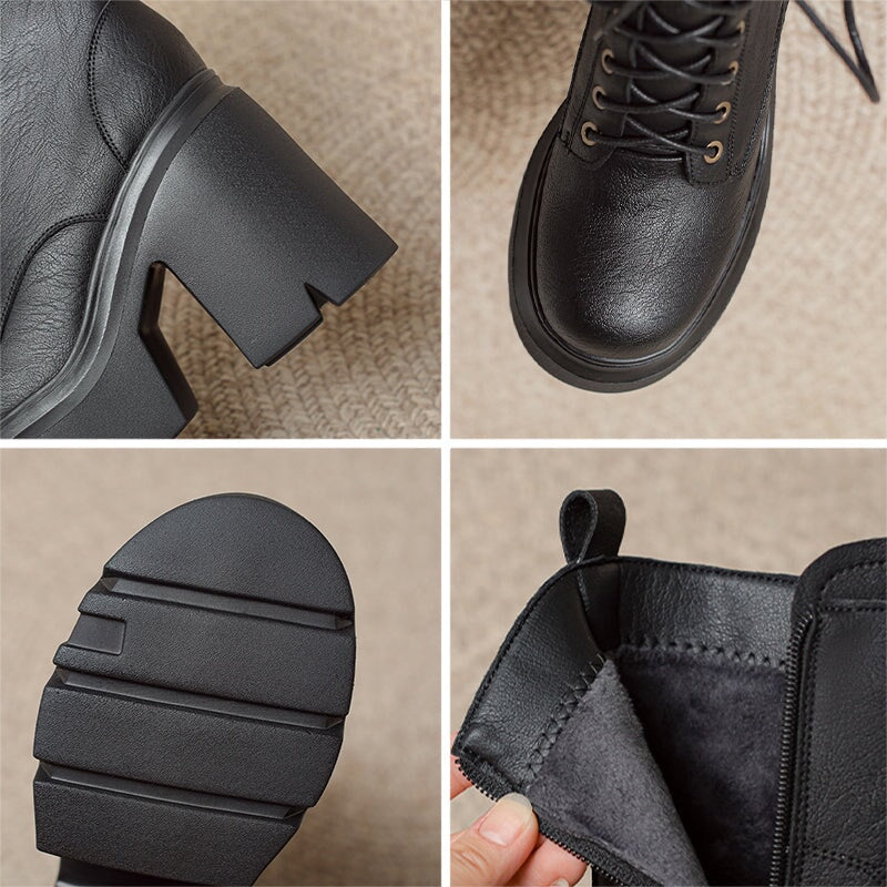 Women Biker Boots Lace-Up Combat Boots Retro Short Boots Handmade Genuine Leather Platform Boots