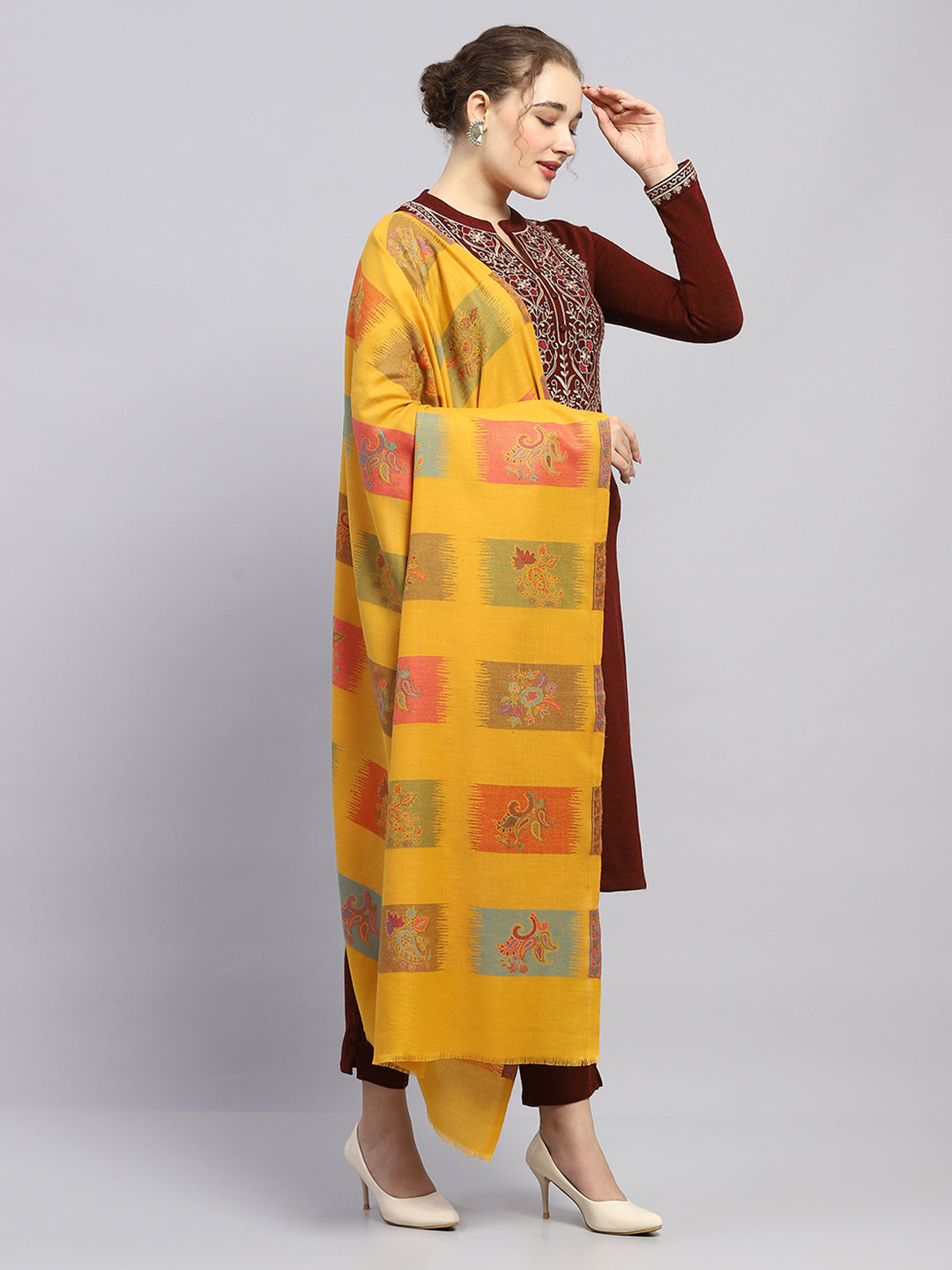 Women Mustard Self Design Shawl