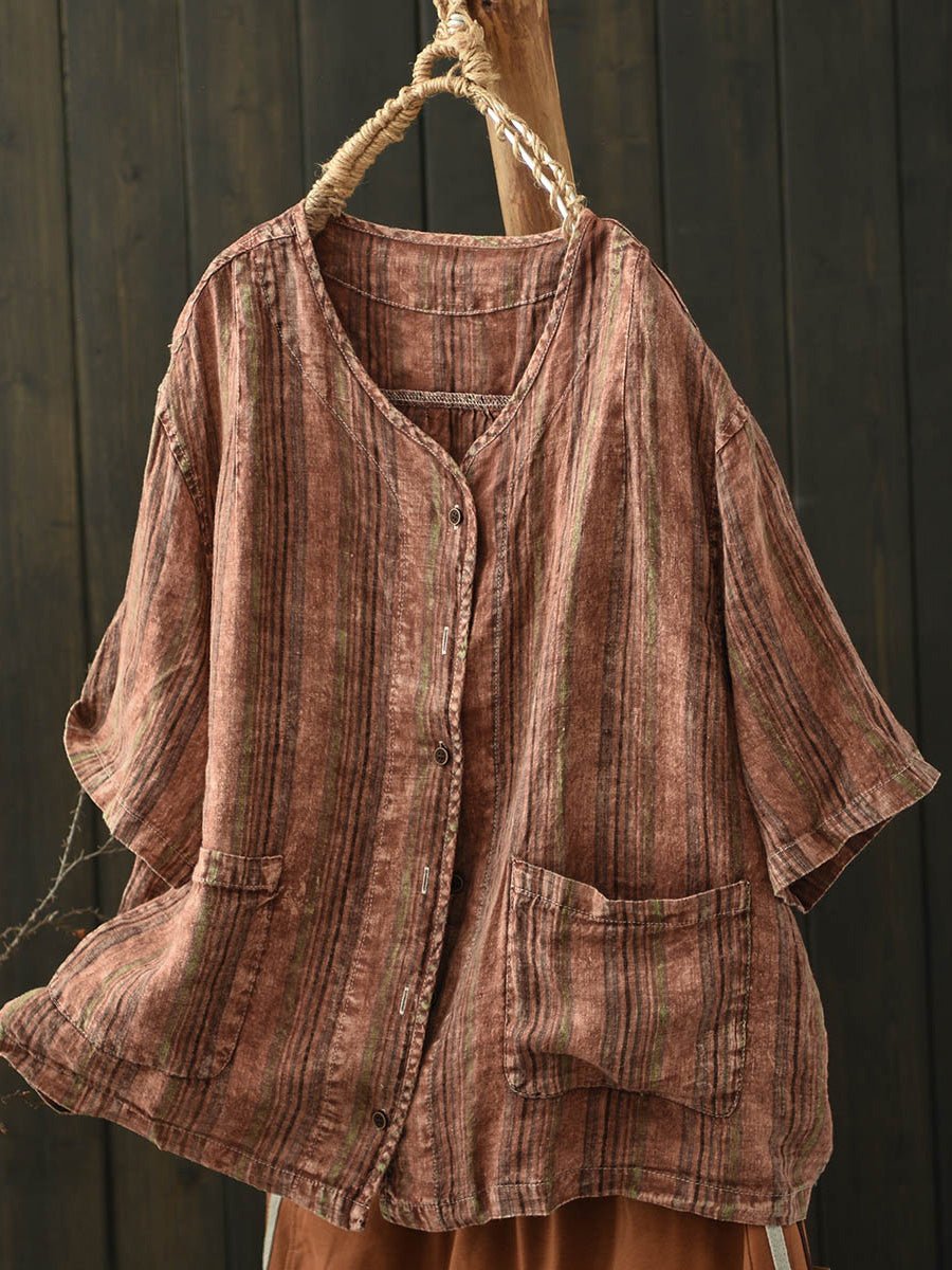Women Summer Retro Stripe V-Neck Linen Shirt