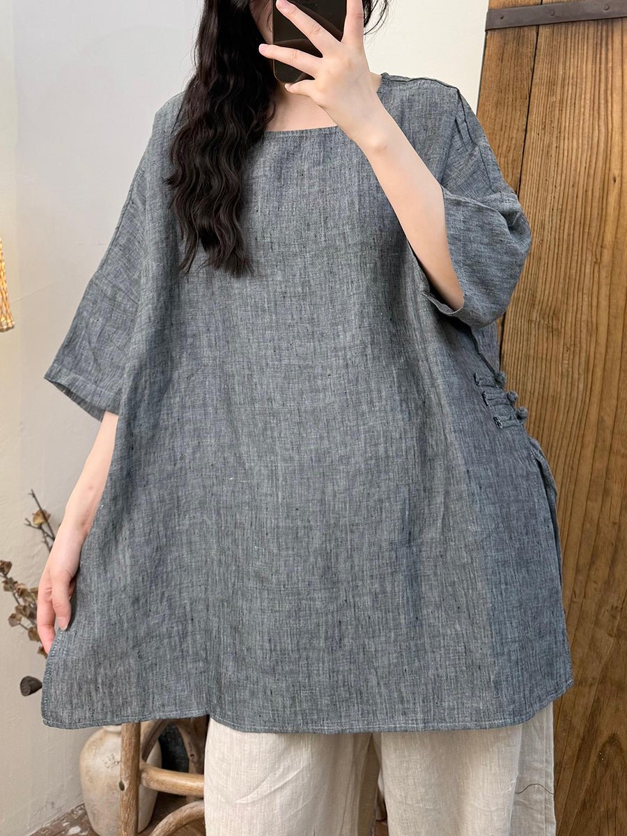 Women Summer Vintage Pure Color O-Neck Hemp Shirt