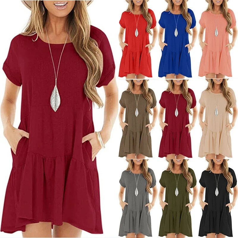 🔥🔥Round neck short sleeve large hem mid-length dress