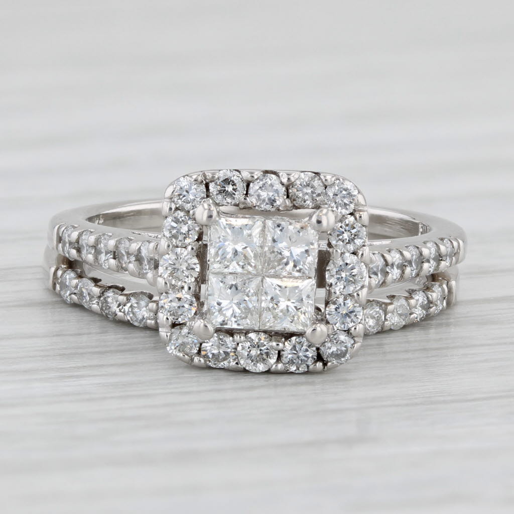 1.07ctw Princess Diamond Halo Engagement Ring Wedding Band Bridal Set 14k Gold