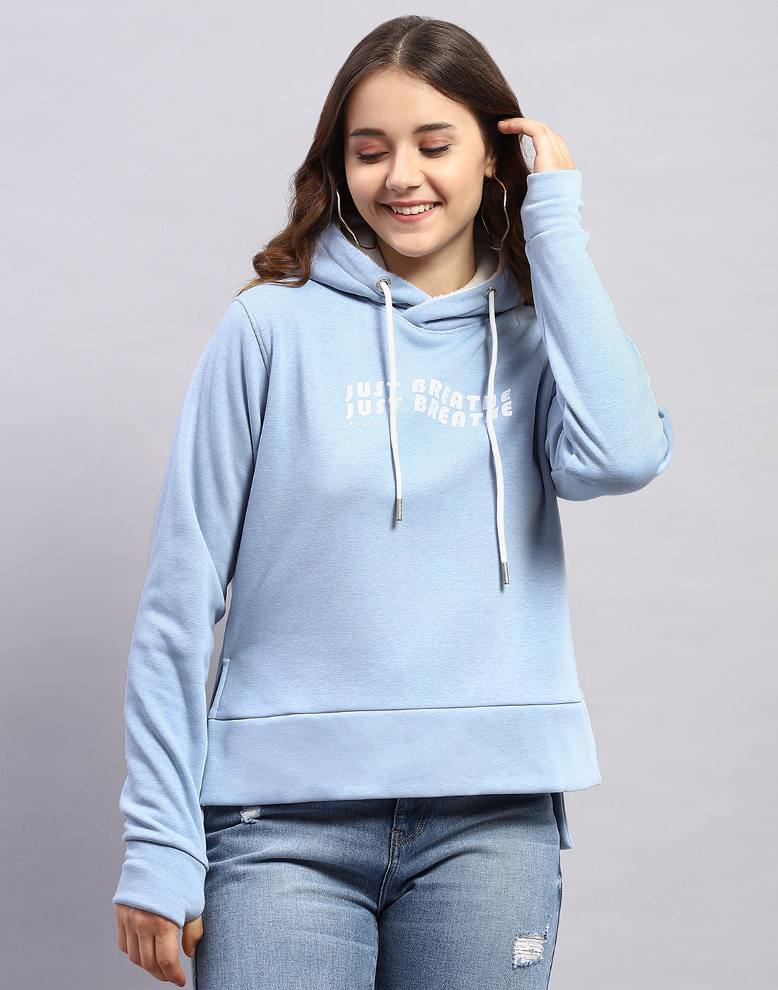 Women Blue Solid Hooded Full Sleeve Sweatshirt