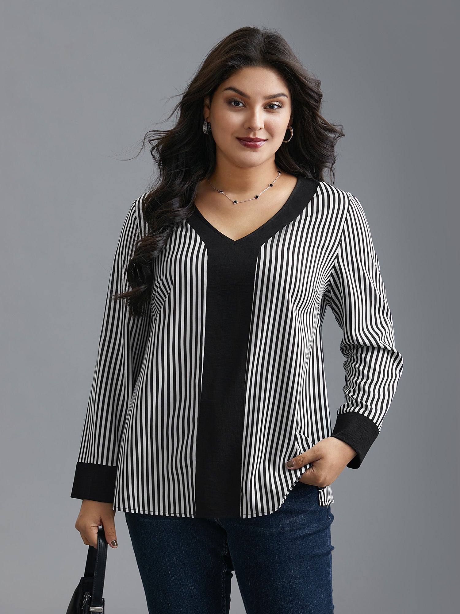 V Neck Striped Patchwork Blouse