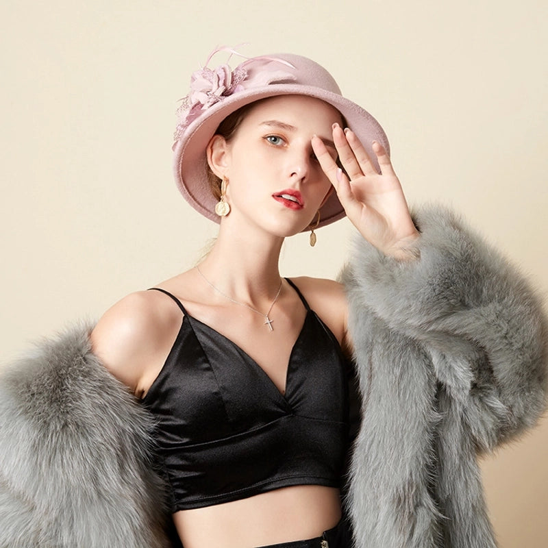 Fisherman Hat Female British Retro Feather Flower Wool Hat  Elegant Socialite Felt Hat Basin Hat