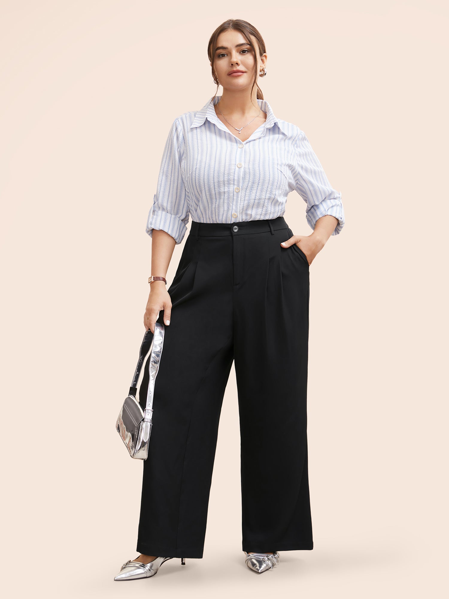 Stretch Woven Pleated Elastic Waist Pants