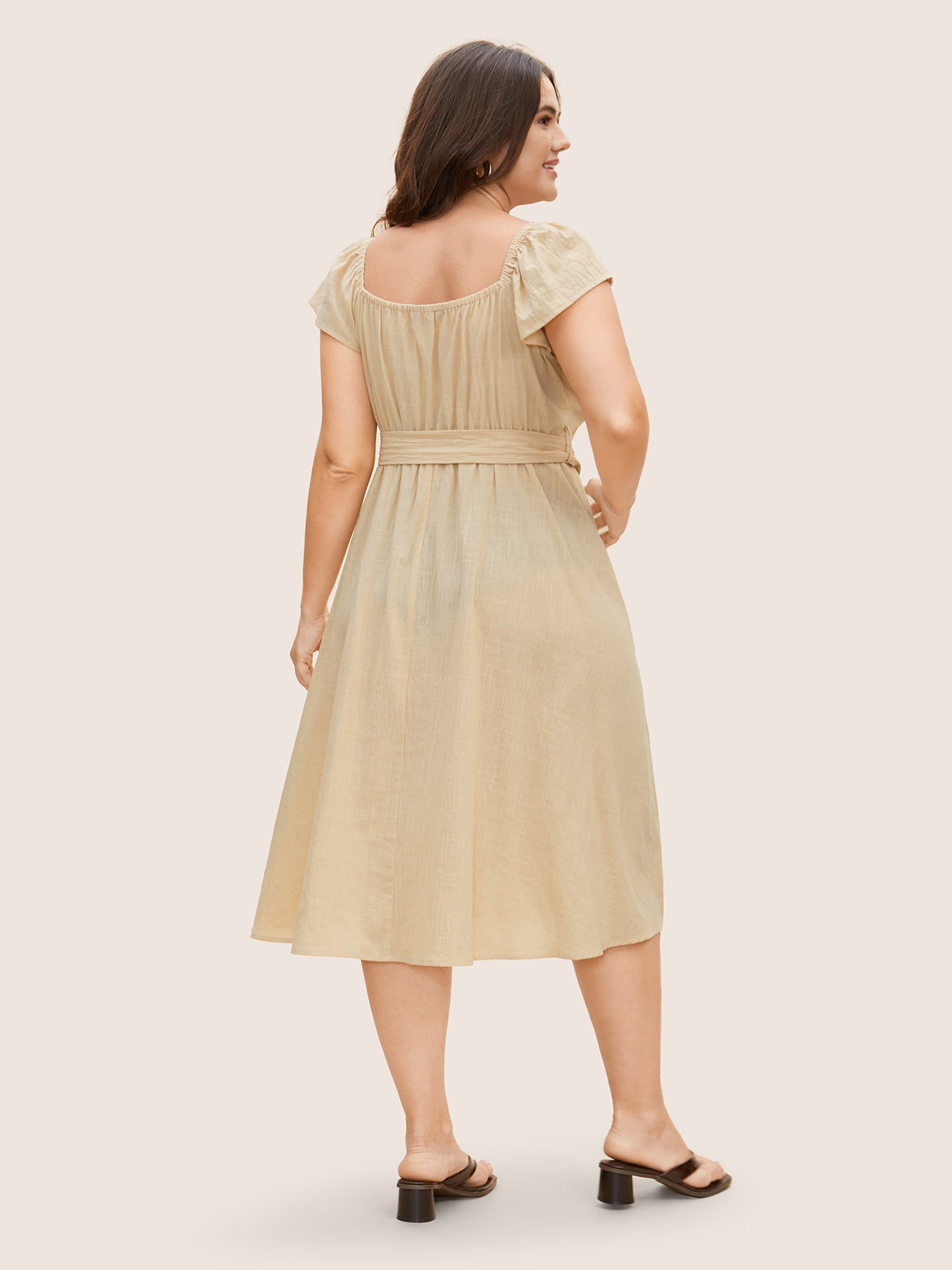 Cotton Solid Buckle Detail Ruffle Cap Sleeve Dress