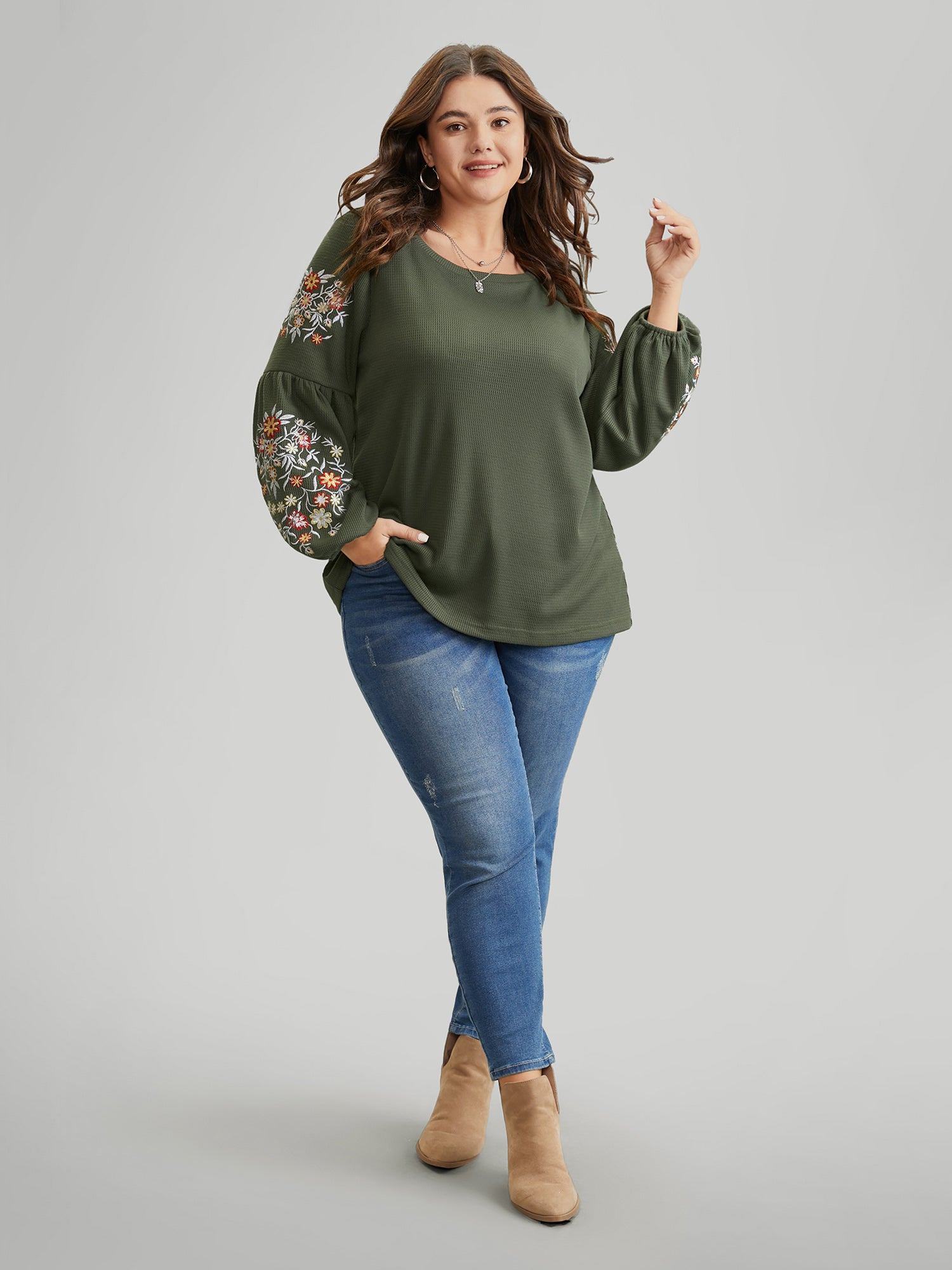 Waffle Knit Floral Embroidered Lantern Sleeve T-shirt