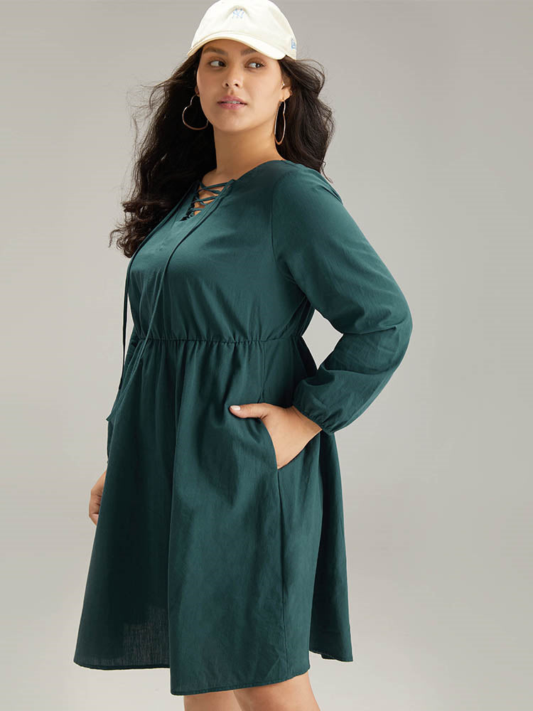 Cotton Solid Lace Up Elastic Waist Dress