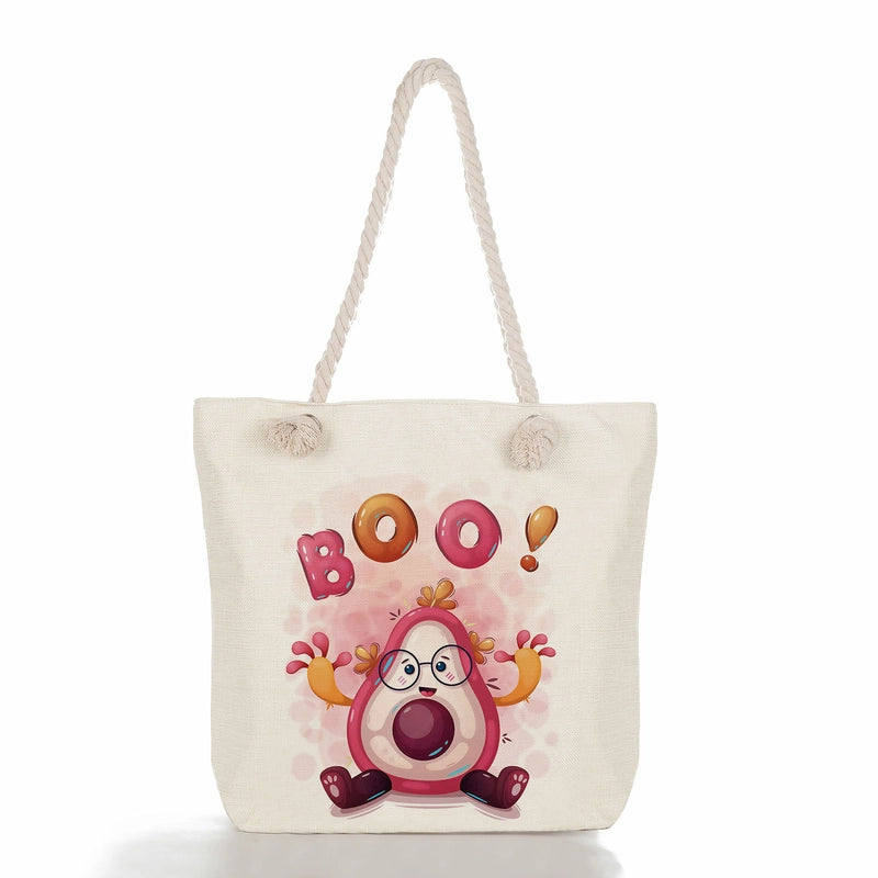 Women's Medium Linen Fruit Cute Classic Style Square Zipper Tote Bag Beach Bag