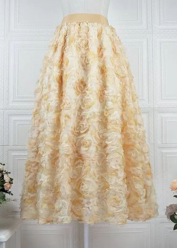 Art Yellow Gradient Floral Decorated Tulle Skirts Spring