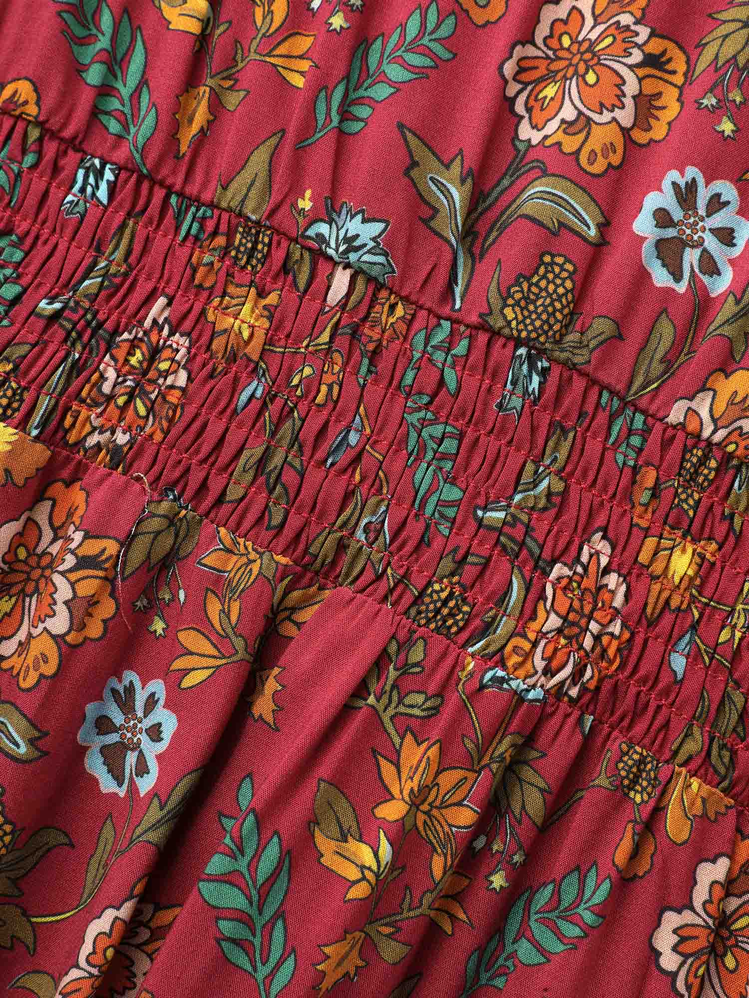 V Neck Bandana Print Shirred Dress