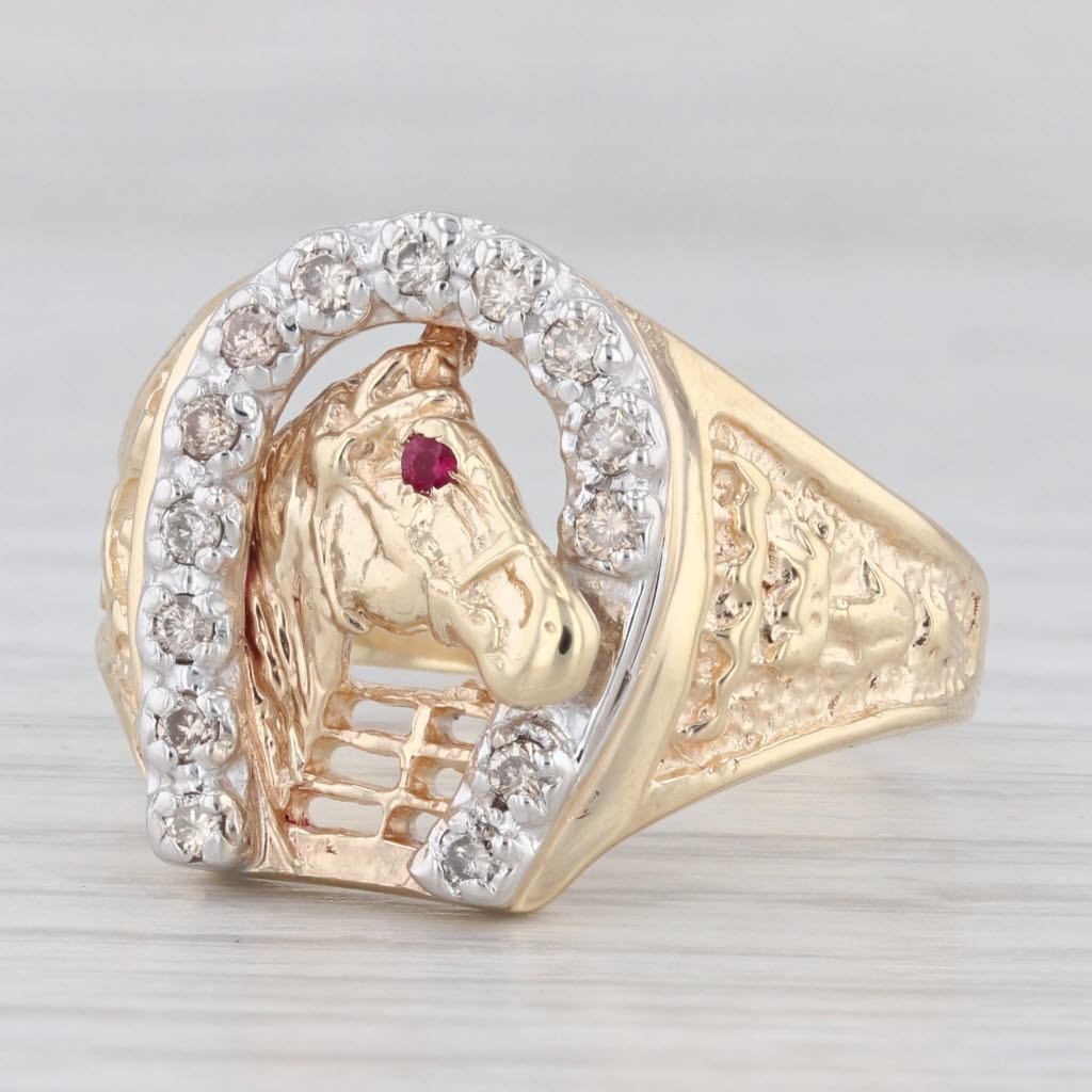 0.20ctw Diamond Horseshoe Horse Ring 14k Gold Size 11.5 Western Lab Created Ruby