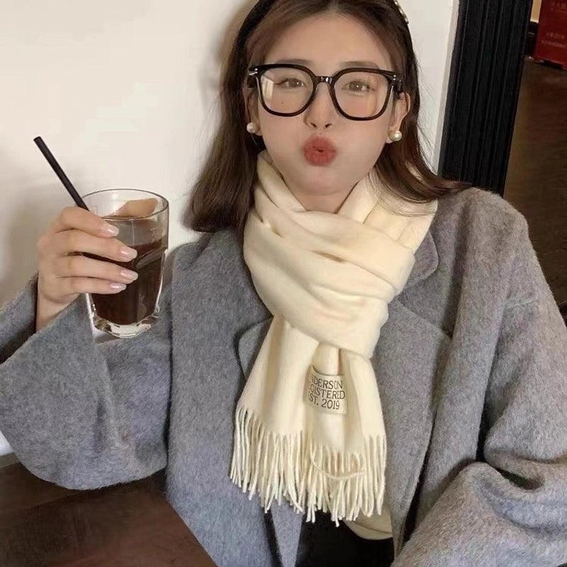 New Autumn And Winter New Pure Color Cashmere-like Double-sided Tassel Scarf Female Thickened Student Dual-use Shawl Fashion