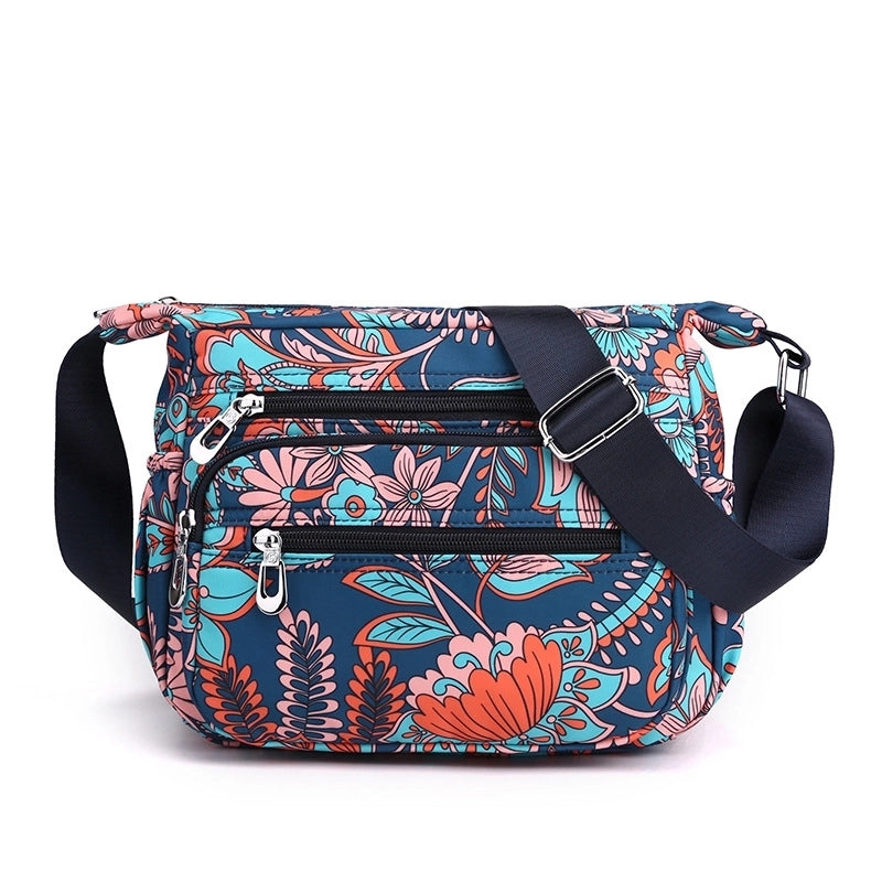 Women's Medium Nylon Flower Basic Zipper Shoulder Bag