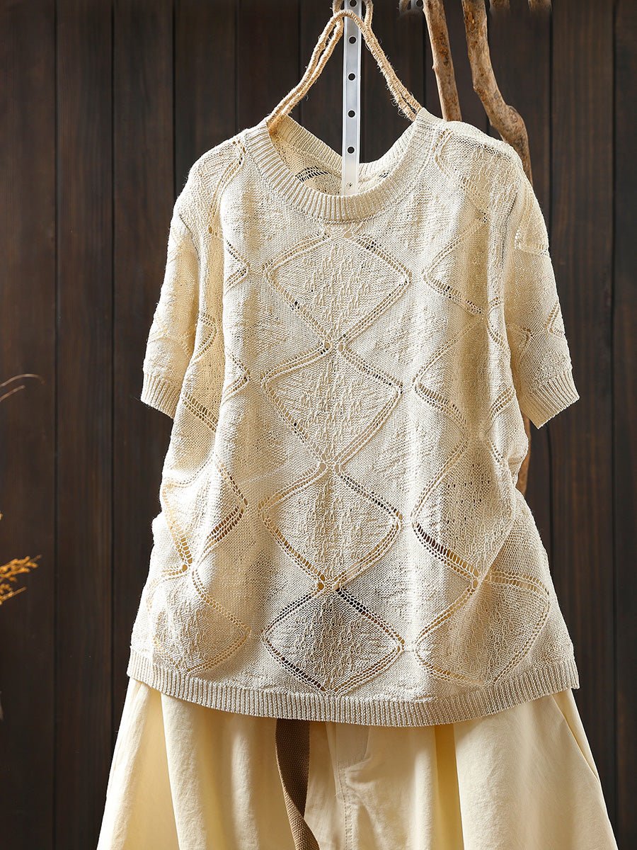 Women Summer Rhomboids Knitted O-Neck Cotton Shirt