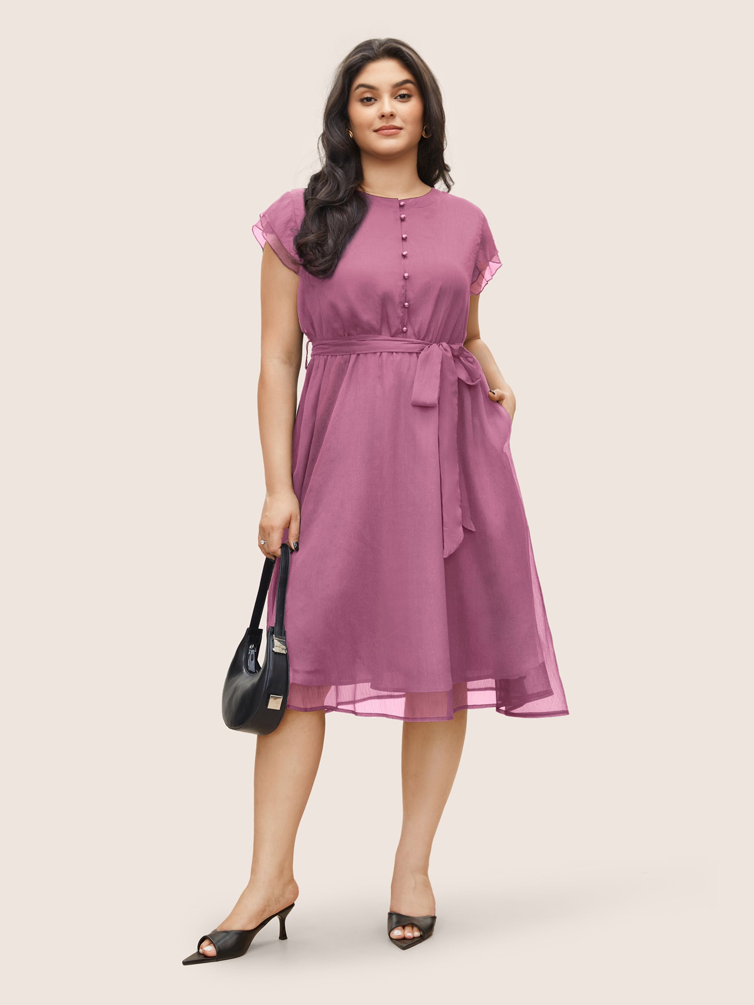 Solid Mesh Belted Ruffle Cap Sleeve Dress