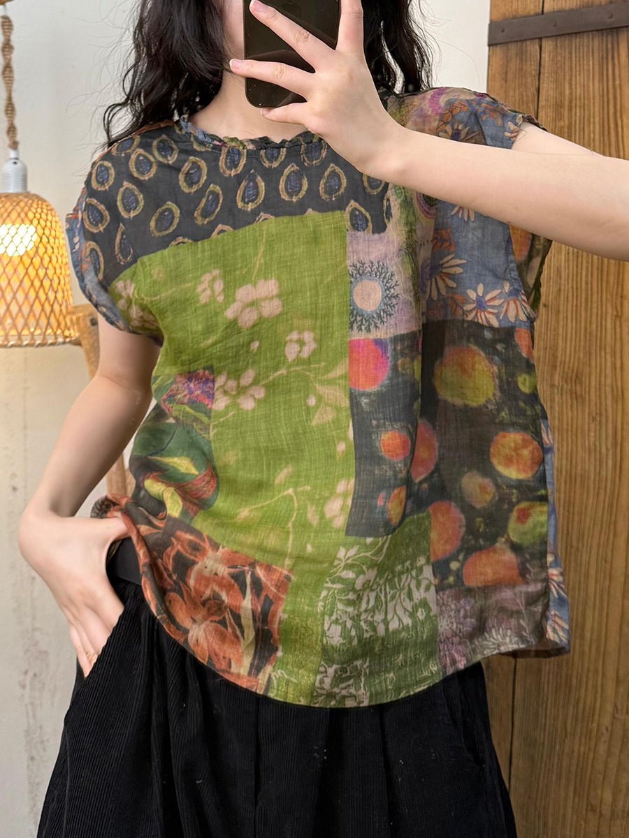 Women Summer Artsy Flower O-Neck Ramie Shirt