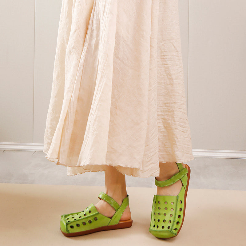 Square Toe Hollow-Out Leather Slingback Flat Sandals for Summer in Green/Black